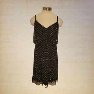 Beaded Art Deco Embellished Cocktail Dress Adrianna Papell Black Sz 8 Formal